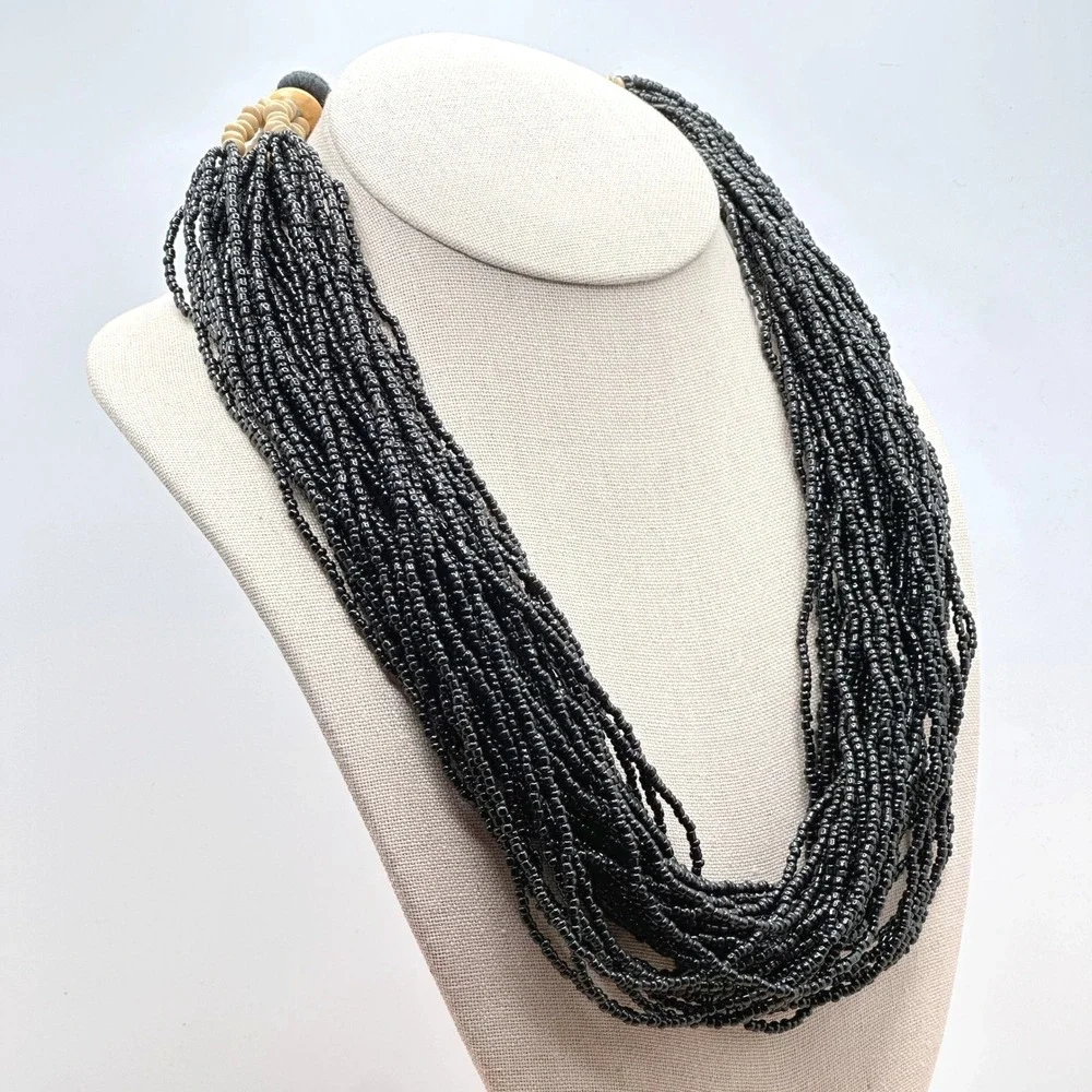 Vintage 70s Black Seed Bead Waterfall Necklace Multi Strand Boho Layered Collar - Picture 3 of 5